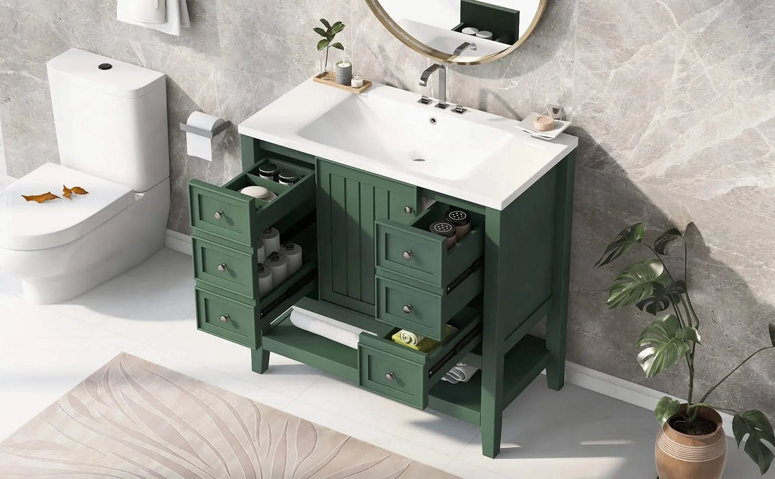 36' Bathroom Vanity with Sink, One Cabinet and Three Drawers, Solid Wood and MDF Board, Green (Old Sku:SY999505AAG-6) Default -DTYStore