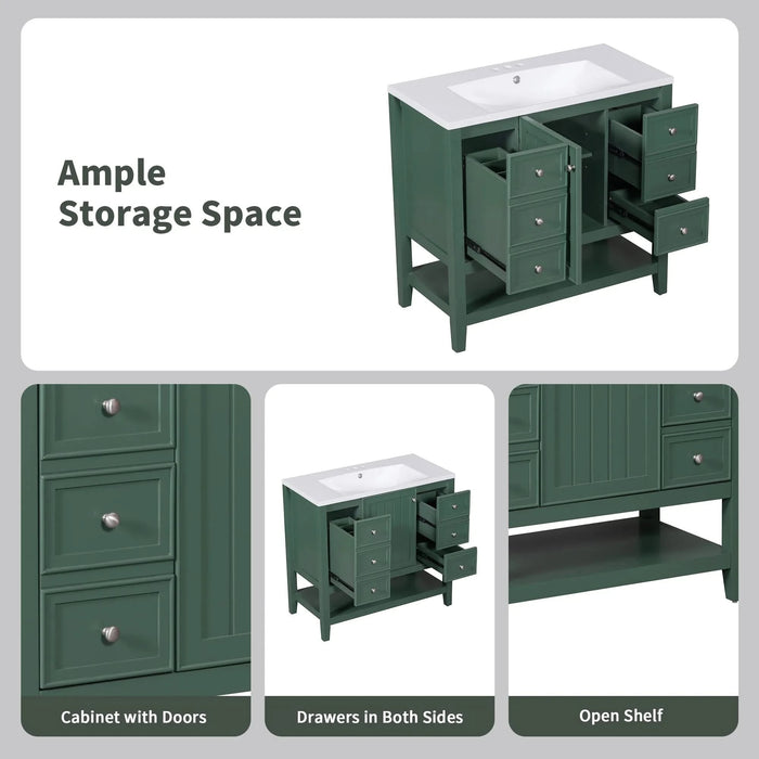 36' Bathroom Vanity with Sink, One Cabinet and Three Drawers, Solid Wood and MDF Board, Green (Old Sku:SY999505AAG-6) Default -DTYStore