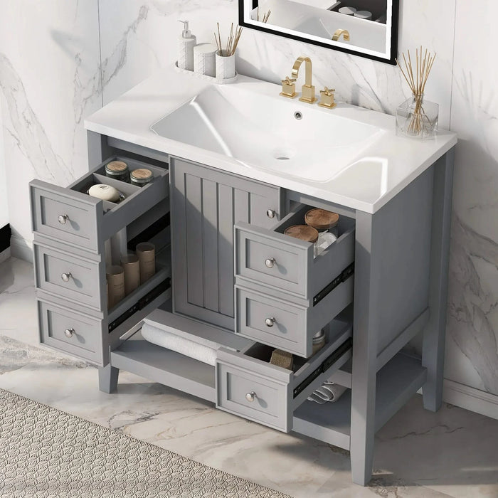 36' Bathroom Vanity with Sink, One Cabinet and Three Drawers, Solid Wood and MDF Board, Grey (Old Sku:SY999505AAE-6) Default -DTYStore