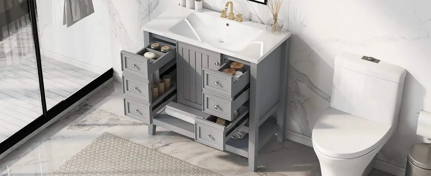 36' Bathroom Vanity with Sink, One Cabinet and Three Drawers, Solid Wood and MDF Board, Grey (Old Sku:SY999505AAE-6) Default -DTYStore