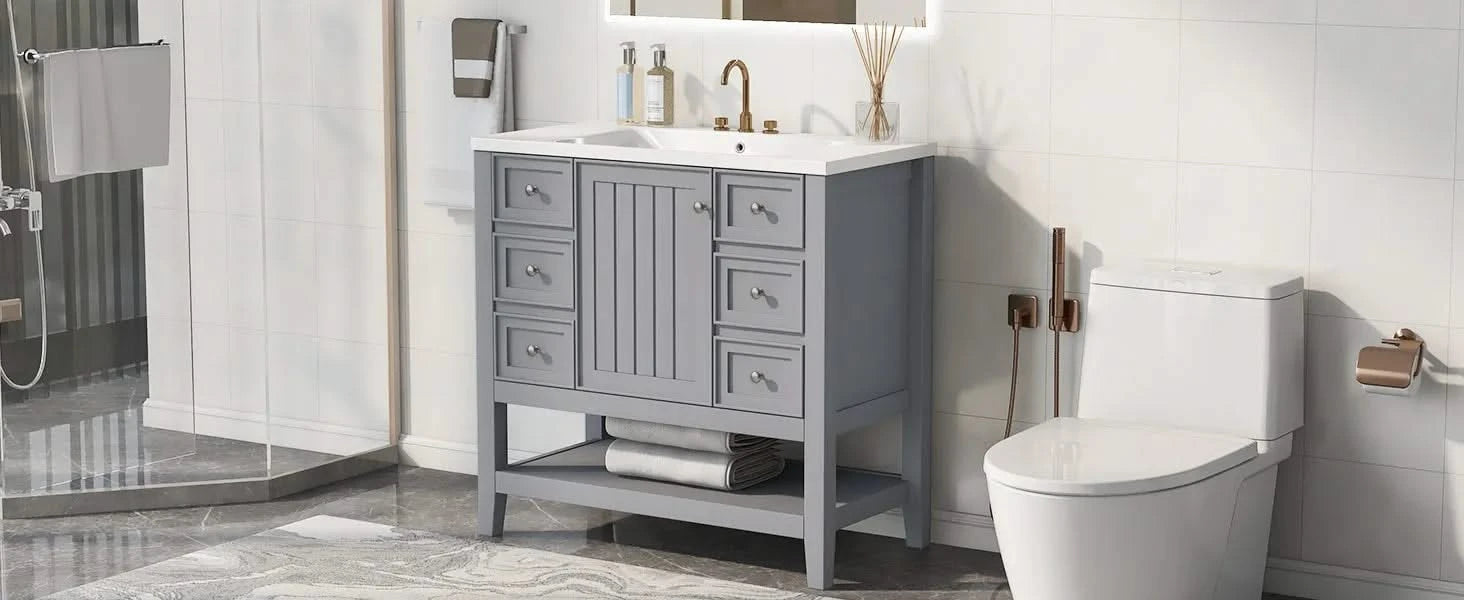 36' Bathroom Vanity with Sink, One Cabinet and Three Drawers, Solid Wood and MDF Board, Grey (Old Sku:SY999505AAE-6) Default -DTYStore