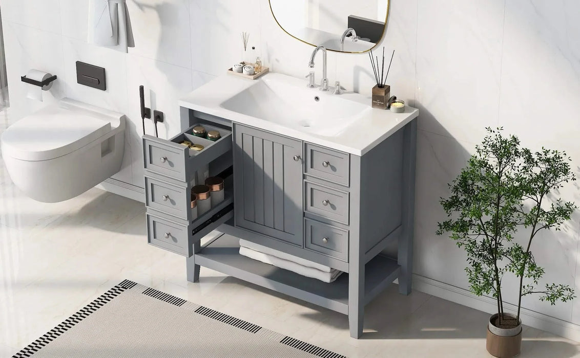 36' Bathroom Vanity with Sink, One Cabinet and Three Drawers, Solid Wood and MDF Board, Grey (Old Sku:SY999505AAE-6) Default -DTYStore
