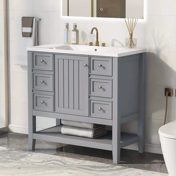 36' Bathroom Vanity with Sink, One Cabinet and Three Drawers, Solid Wood and MDF Board, Grey (Old Sku:SY999505AAE-6) Default -DTYStore