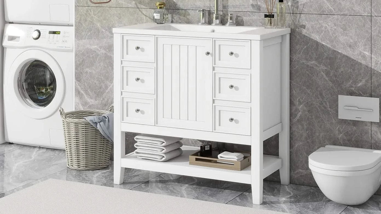 36' Bathroom Vanity with Sink, One Cabinet and Three Drawers, Solid Wood and MDF Board, White (Old Sku:SY999505AAK-6) Default -DTYStore