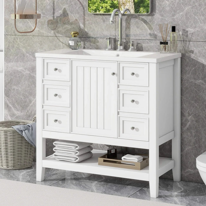 36' Bathroom Vanity with Sink, One Cabinet and Three Drawers, Solid Wood and MDF Board, White (Old Sku:SY999505AAK-6) Default -DTYStore