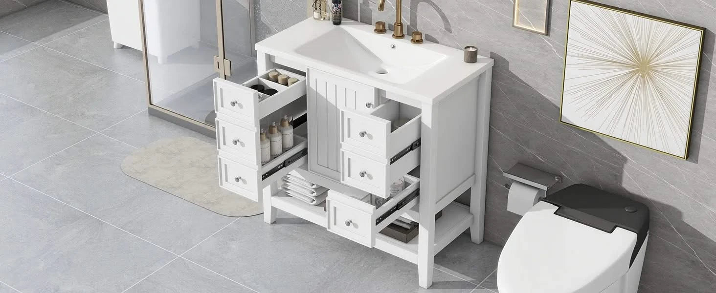 36' Bathroom Vanity with Sink, One Cabinet and Three Drawers, Solid Wood and MDF Board, White (Old Sku:SY999505AAK-6) Default -DTYStore