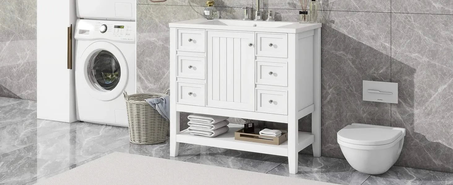 36' Bathroom Vanity with Sink, One Cabinet and Three Drawers, Solid Wood and MDF Board, White (Old Sku:SY999505AAK-6) Default -DTYStore