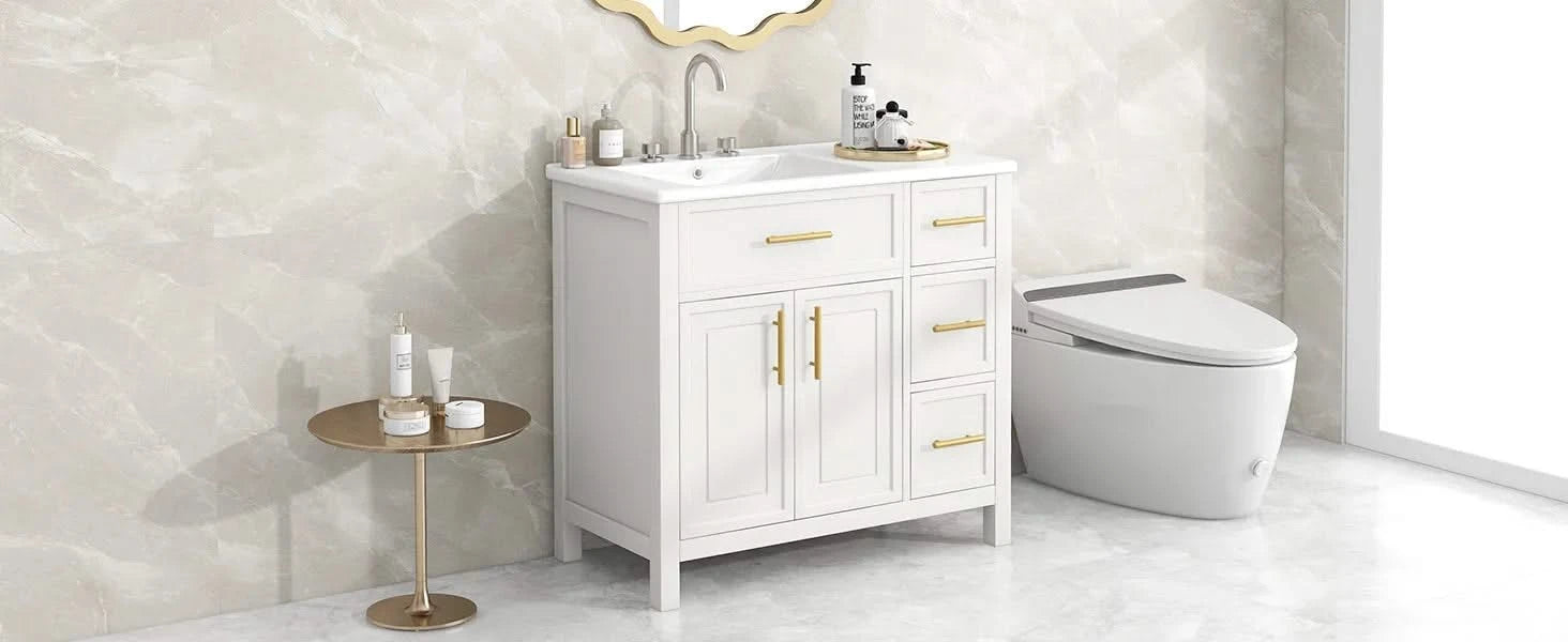 36' Bathroom Vanity with Sink Top, Bathroom Vanity Cabinet with Two Doors and Three Drawers, Solid Wood , MDF Boards ,One Package, White (Old Sku:WF319757AAK) Default -DTYStore