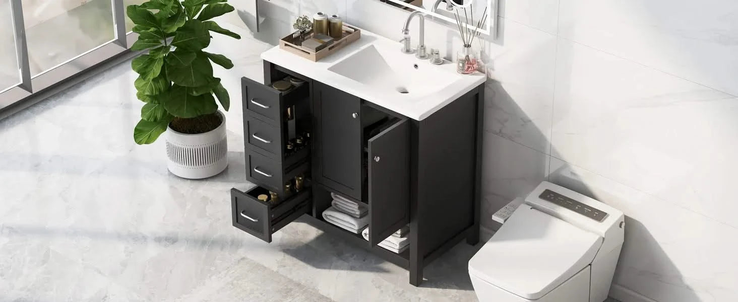 36' Bathroom Vanity with Sink Top, Bathroom Vanity Cabinet with Two Doors and Two Drawers, Solid Wood, Open shelf, MDF Boards, One Package, Black Default -DTYStore