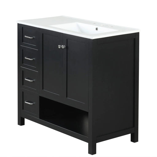 36' Bathroom Vanity with Sink Top, Bathroom Vanity Cabinet with Two Doors and Two Drawers, Solid Wood, Open shelf, MDF Boards, One Package, Black Default -DTYStore