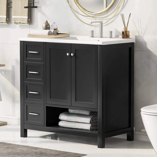 36' Bathroom Vanity with Sink Top, Bathroom Vanity Cabinet with Two Doors and Two Drawers, Solid Wood, Open shelf, MDF Boards, One Package, Black Default -DTYStore