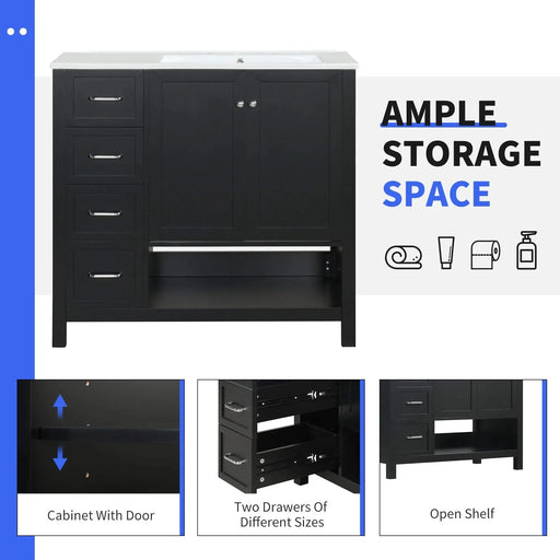 36' Bathroom Vanity with Sink Top, Bathroom Vanity Cabinet with Two Doors and Two Drawers, Solid Wood, Open shelf, MDF Boards, One Package, Black Default -DTYStore