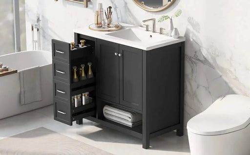 36' Bathroom Vanity with Sink Top, Bathroom Vanity Cabinet with Two Doors and Two Drawers, Solid Wood, Open shelf, MDF Boards, One Package, Black Default -DTYStore