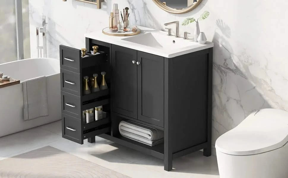 36' Bathroom Vanity with Sink Top, Bathroom Vanity Cabinet with Two Doors and Two Drawers, Solid Wood, Open shelf, MDF Boards, One Package, Black Default -DTYStore