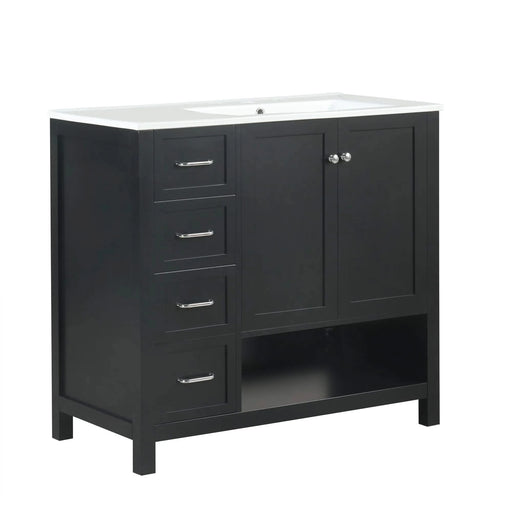 36' Bathroom Vanity with Sink Top, Bathroom Vanity Cabinet with Two Doors and Two Drawers, Solid Wood, Open shelf, MDF Boards, One Package, Black Default -DTYStore