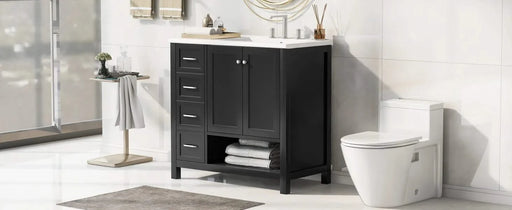 36' Bathroom Vanity with Sink Top, Bathroom Vanity Cabinet with Two Doors and Two Drawers, Solid Wood, Open shelf, MDF Boards, One Package, Black Default -DTYStore