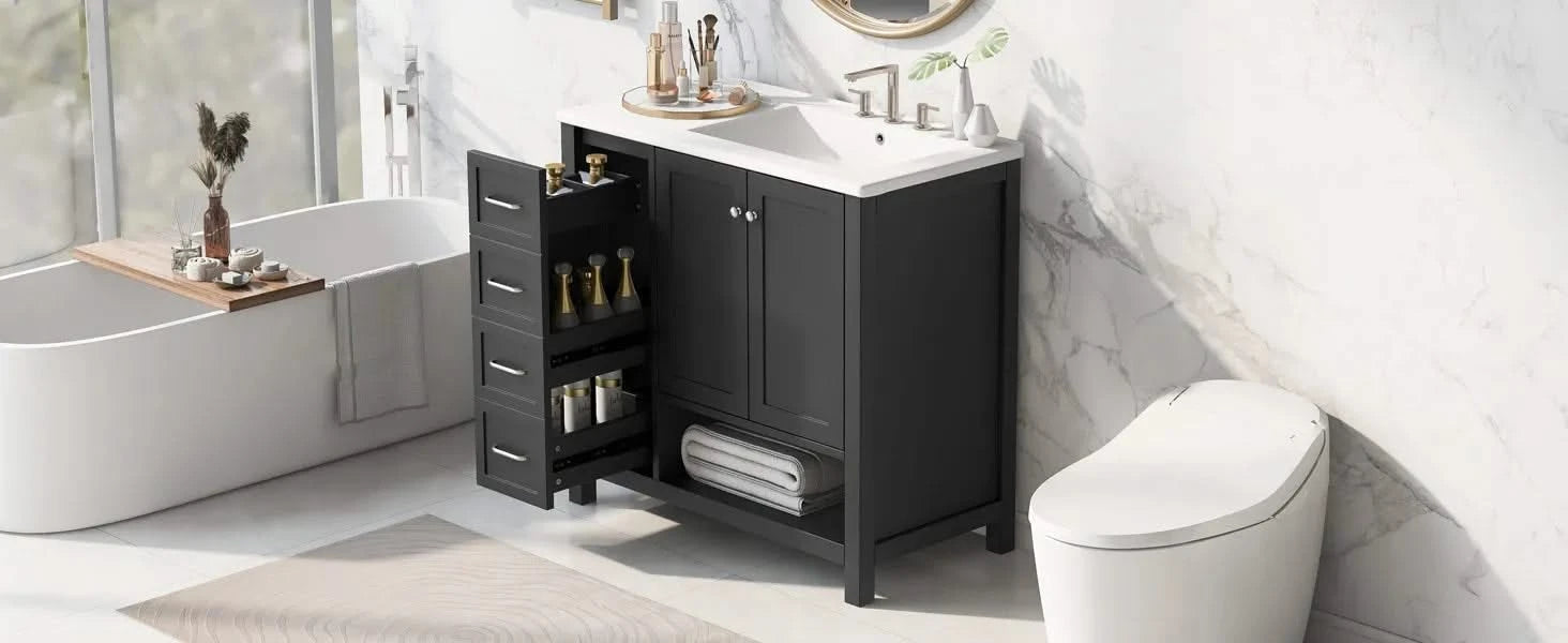 36' Bathroom Vanity with Sink Top, Bathroom Vanity Cabinet with Two Doors and Two Drawers, Solid Wood, Open shelf, MDF Boards, One Package, Black Default -DTYStore