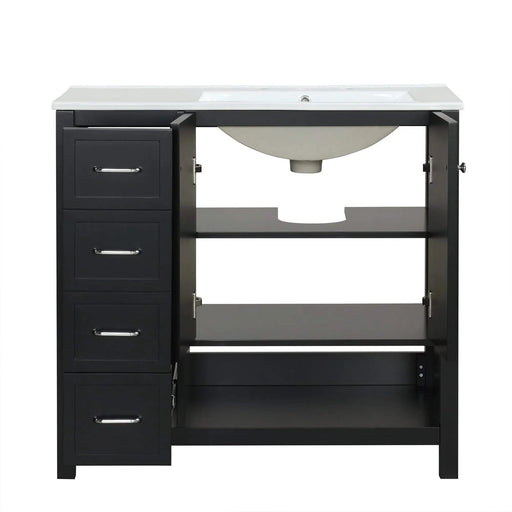 36' Bathroom Vanity with Sink Top, Bathroom Vanity Cabinet with Two Doors and Two Drawers, Solid Wood, Open shelf, MDF Boards, One Package, Black Default -DTYStore