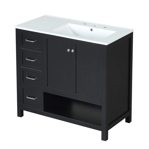 36' Bathroom Vanity with Sink Top, Bathroom Vanity Cabinet with Two Doors and Two Drawers, Solid Wood, Open shelf, MDF Boards, One Package, Black Default -DTYStore