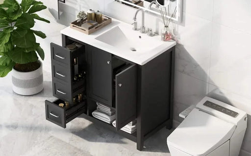 36' Bathroom Vanity with Sink Top, Bathroom Vanity Cabinet with Two Doors and Two Drawers, Solid Wood, Open shelf, MDF Boards, One Package, Black Default -DTYStore