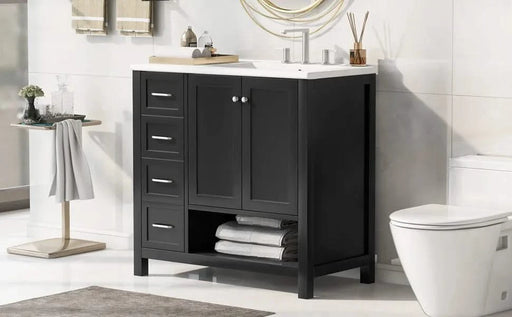 36' Bathroom Vanity with Sink Top, Bathroom Vanity Cabinet with Two Doors and Two Drawers, Solid Wood, Open shelf, MDF Boards, One Package, Black Default -DTYStore