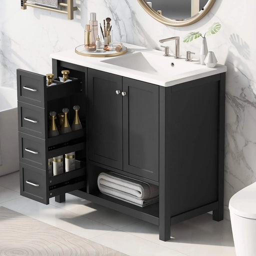 36' Bathroom Vanity with Sink Top, Bathroom Vanity Cabinet with Two Doors and Two Drawers, Solid Wood, Open shelf, MDF Boards, One Package, Black Default -DTYStore
