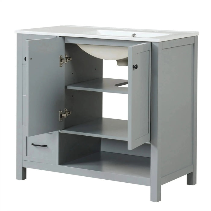 36' Bathroom Vanity with Sink Top, Bathroom Vanity Cabinet with Two Doors and Two Drawers, Solid Wood, Open shelf, MDF Boards, One Package, Grey Default -DTYStore