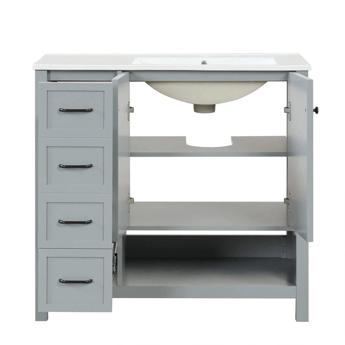 36' Bathroom Vanity with Sink Top, Bathroom Vanity Cabinet with Two Doors and Two Drawers, Solid Wood, Open shelf, MDF Boards, One Package, Grey Default -DTYStore