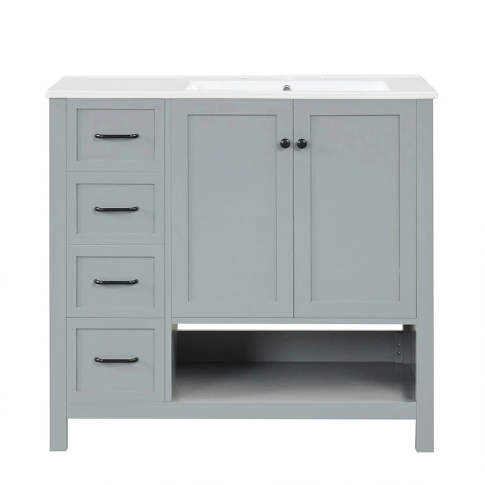 36' Bathroom Vanity with Sink Top, Bathroom Vanity Cabinet with Two Doors and Two Drawers, Solid Wood, Open shelf, MDF Boards, One Package, Grey Default -DTYStore