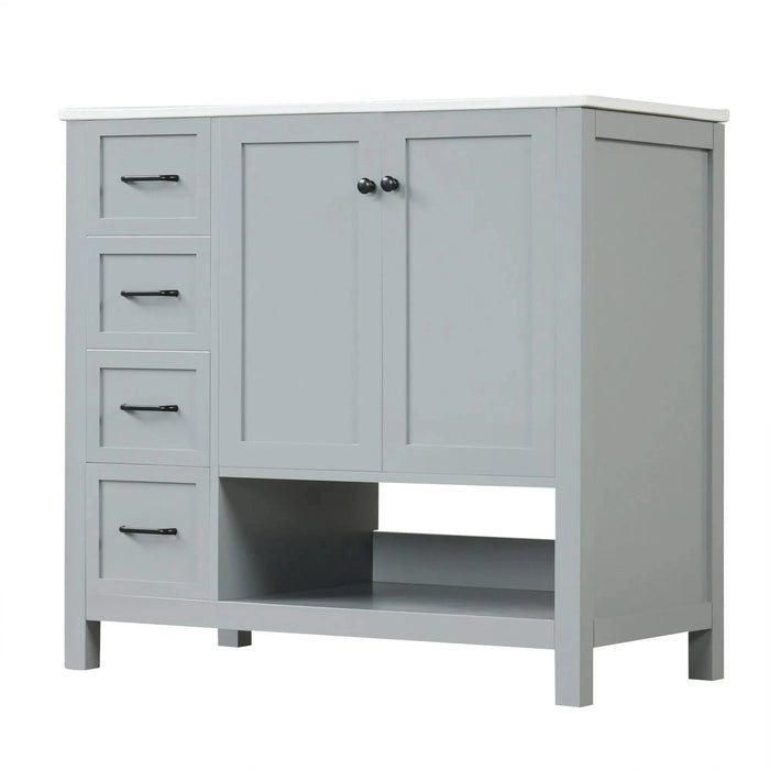 36' Bathroom Vanity with Sink Top, Bathroom Vanity Cabinet with Two Doors and Two Drawers, Solid Wood, Open shelf, MDF Boards, One Package, Grey Default -DTYStore