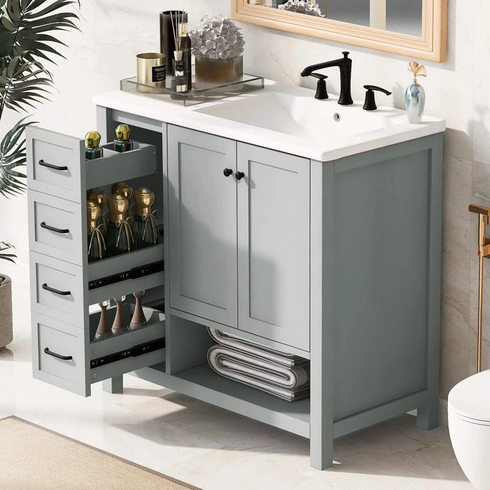36' Bathroom Vanity with Sink Top, Bathroom Vanity Cabinet with Two Doors and Two Drawers, Solid Wood, Open shelf, MDF Boards, One Package, Grey Default -DTYStore