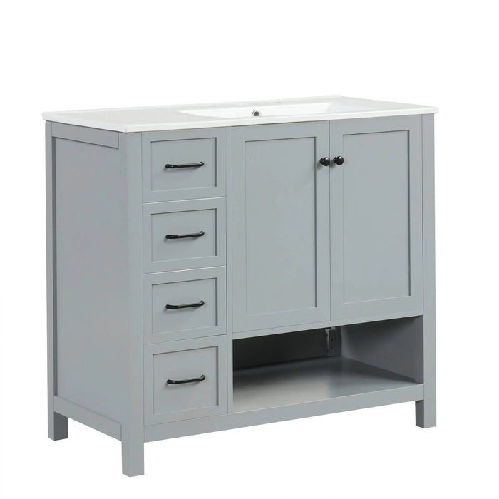 36' Bathroom Vanity with Sink Top, Bathroom Vanity Cabinet with Two Doors and Two Drawers, Solid Wood, Open shelf, MDF Boards, One Package, Grey Default -DTYStore
