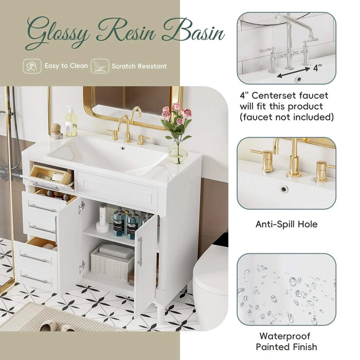 36'' Bathroom Vanity with Top Resin Sink, Freestanding Bathroom Storage Cabinet with 2 Drawers and a Tip-out Drawer, Solid Wood Frame Vanity Set, Height Adjustable Shelf Default -DTYStore