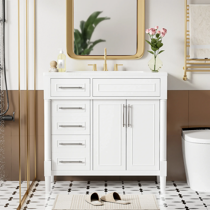 36'' Bathroom Vanity with Top Resin Sink, Freestanding Bathroom Storage Cabinet with 2 Drawers and a Tip-out Drawer, Solid Wood Frame Vanity Set, Height Adjustable Shelf Default -DTYStore