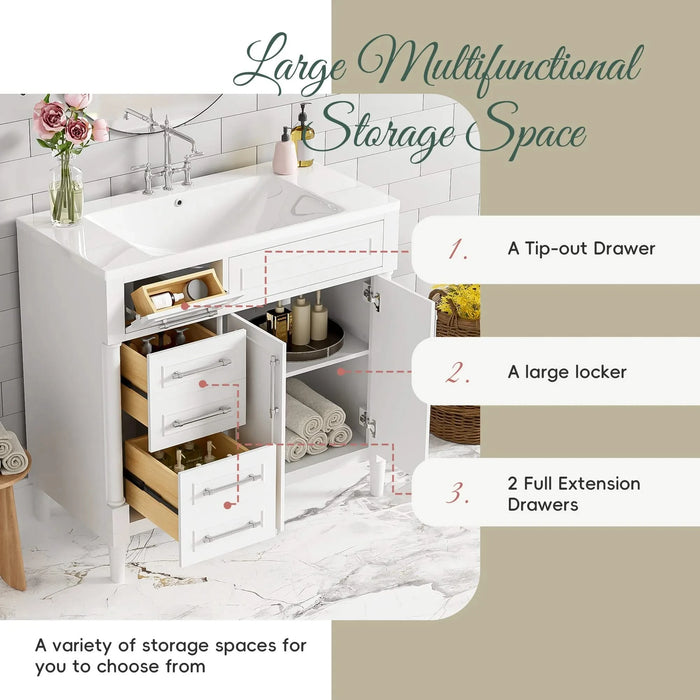 36'' Bathroom Vanity with Top Resin Sink, Freestanding Bathroom Storage Cabinet with 2 Drawers and a Tip-out Drawer, Solid Wood Frame Vanity Set, Height Adjustable Shelf Default -DTYStore