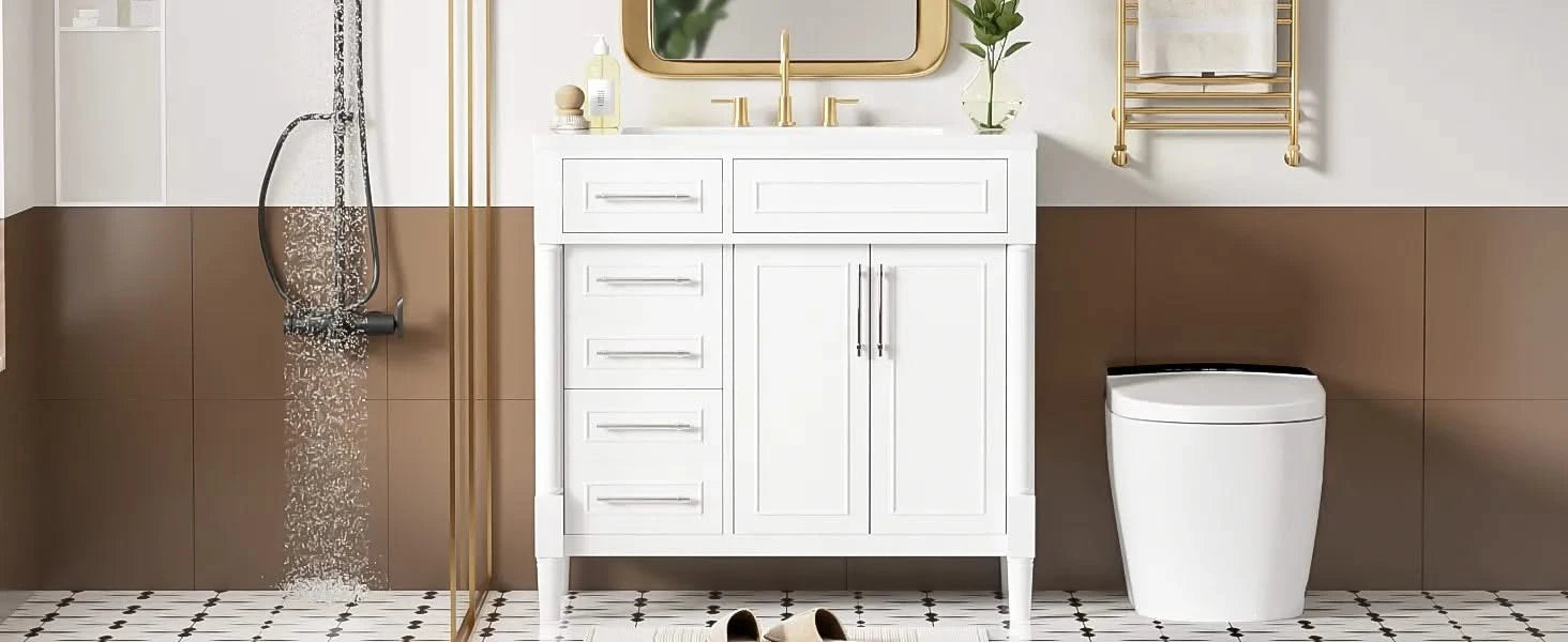 36'' Bathroom Vanity with Top Resin Sink, Freestanding Bathroom Storage Cabinet with 2 Drawers and a Tip-out Drawer, Solid Wood Frame Vanity Set, Height Adjustable Shelf Default -DTYStore