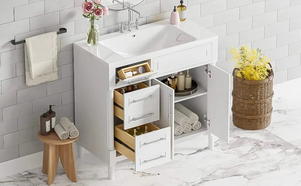 36'' Bathroom Vanity with Top Resin Sink, Freestanding Bathroom Storage Cabinet with 2 Drawers and a Tip-out Drawer, Solid Wood Frame Vanity Set, Height Adjustable Shelf Default -DTYStore