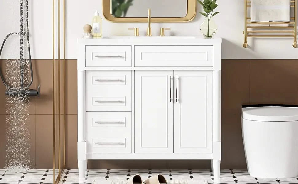 36'' Bathroom Vanity with Top Resin Sink, Freestanding Bathroom Storage Cabinet with 2 Drawers and a Tip-out Drawer, Solid Wood Frame Vanity Set, Height Adjustable Shelf Default -DTYStore