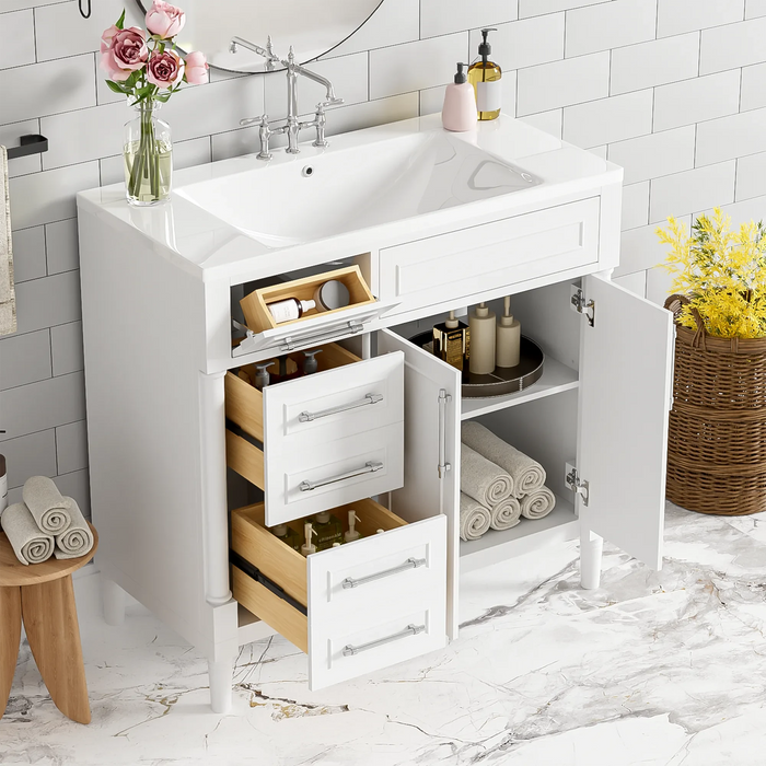 36'' Bathroom Vanity with Top Resin Sink, Freestanding Bathroom Storage Cabinet with 2 Drawers and a Tip-out Drawer, Solid Wood Frame Vanity Set, Height Adjustable Shelf Default -DTYStore