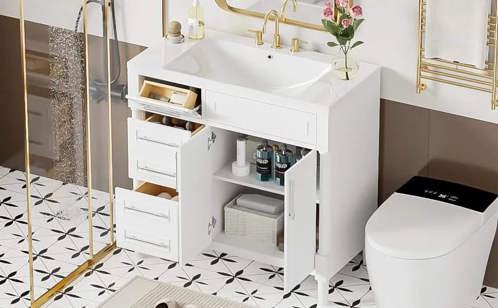 36'' Bathroom Vanity with Top Resin Sink, Freestanding Bathroom Storage Cabinet with 2 Drawers and a Tip-out Drawer, Solid Wood Frame Vanity Set, Height Adjustable Shelf Default -DTYStore