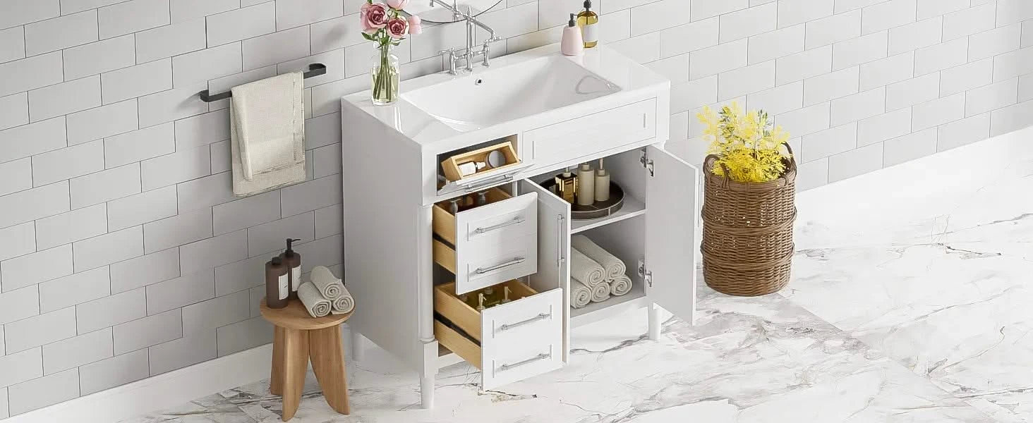 36'' Bathroom Vanity with Top Resin Sink, Freestanding Bathroom Storage Cabinet with 2 Drawers and a Tip-out Drawer, Solid Wood Frame Vanity Set, Height Adjustable Shelf Default -DTYStore