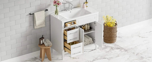 36'' Bathroom Vanity with Top Resin Sink, Freestanding Bathroom Storage Cabinet with 2 Drawers and a Tip-out Drawer, Solid Wood Frame Vanity Set, Height Adjustable Shelf Default -DTYStore