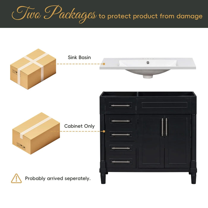 36'' Bathroom Vanity with Top Resin Sink, Freestanding Bathroom Storage Cabinet with 2 Drawers and a Tip-out Drawer, Solid Wood Frame Vanity Set, Height Adjustable Shelf Default -DTYStore