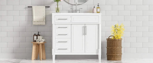 36'' Bathroom Vanity with Top Resin Sink, Freestanding Bathroom Storage Cabinet with 2 Drawers and a Tip-out Drawer, Solid Wood Frame Vanity Set, Height Adjustable Shelf Default -DTYStore