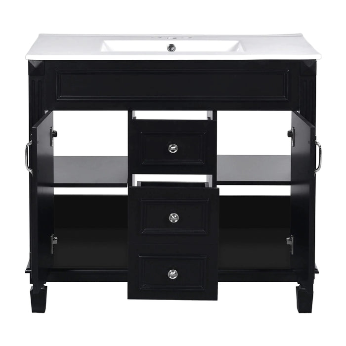 36'' Bathroom Vanity with Top Sink, Black Mirror Cabinet, Modern Bathroom Storage Cabinet with 2 Soft Closing Doors and 2 Drawers, Single Sink Bathroom Vanity Default -DTYStore