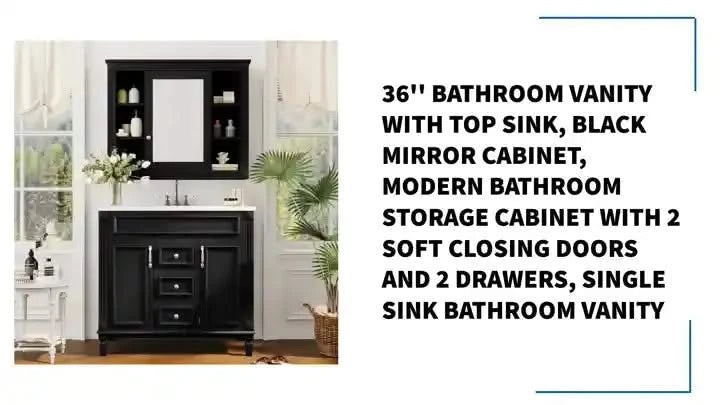 36'' Bathroom Vanity with Top Sink, Black Mirror Cabinet, Modern Bathroom Storage Cabinet with 2 Soft Closing Doors and 2 Drawers, Single Sink Bathroom Vanity Default -DTYStore