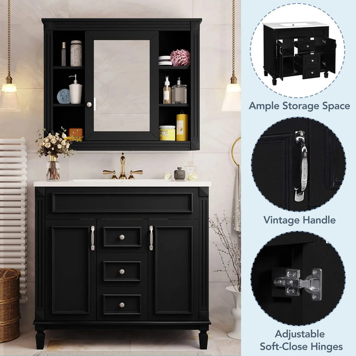 36'' Bathroom Vanity with Top Sink, Black Mirror Cabinet, Modern Bathroom Storage Cabinet with 2 Soft Closing Doors and 2 Drawers, Single Sink Bathroom Vanity Default -DTYStore