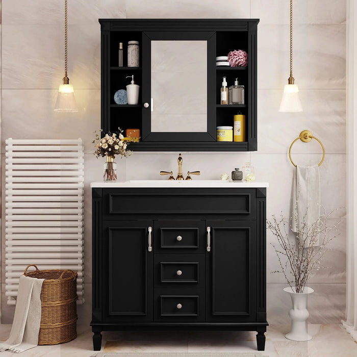36'' Bathroom Vanity with Top Sink, Black Mirror Cabinet, Modern Bathroom Storage Cabinet with 2 Soft Closing Doors and 2 Drawers, Single Sink Bathroom Vanity Default -DTYStore