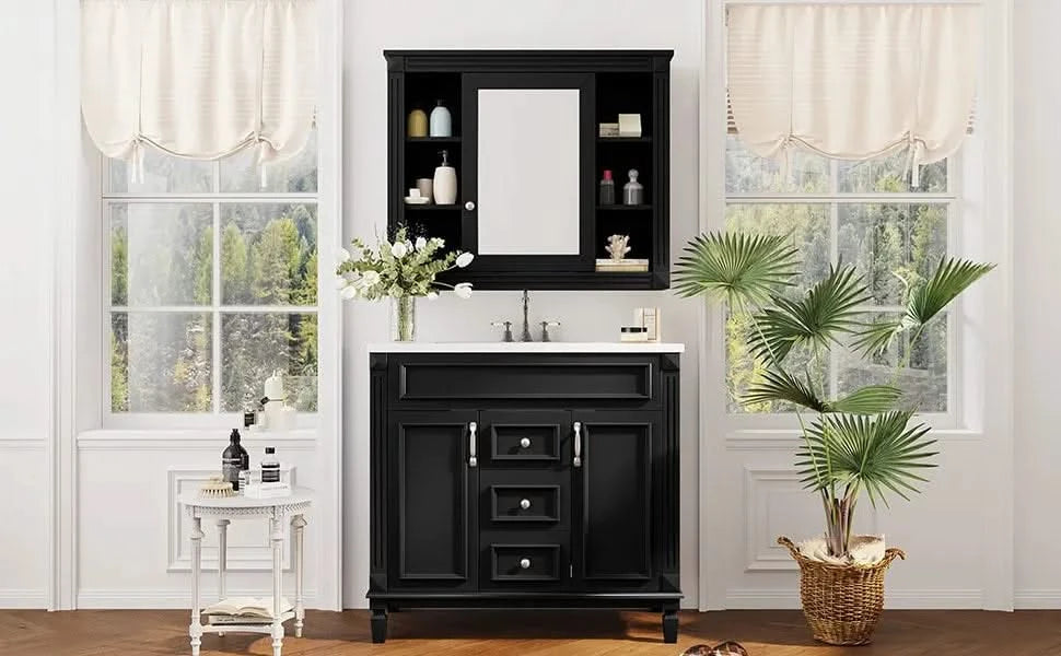 36'' Bathroom Vanity with Top Sink, Black Mirror Cabinet, Modern Bathroom Storage Cabinet with 2 Soft Closing Doors and 2 Drawers, Single Sink Bathroom Vanity Default -DTYStore