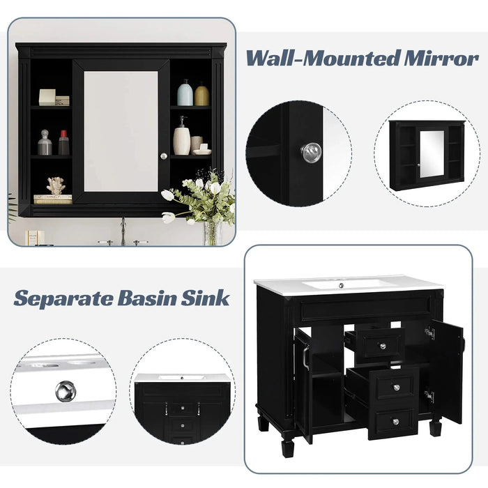 36'' Bathroom Vanity with Top Sink, Black Mirror Cabinet, Modern Bathroom Storage Cabinet with 2 Soft Closing Doors and 2 Drawers, Single Sink Bathroom Vanity Default -DTYStore